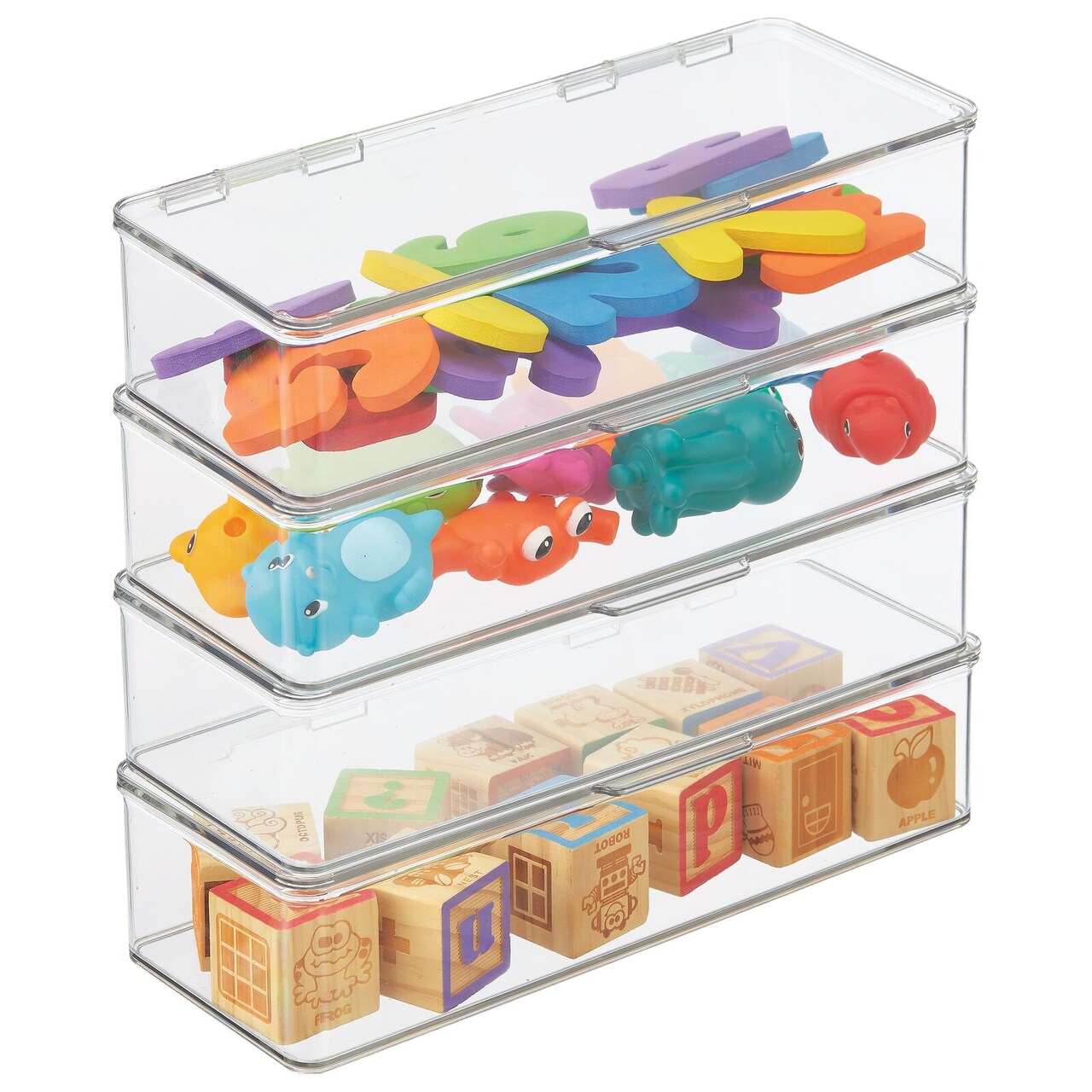 mDesign Plastic Stackable Toy/Game Storage Bin Box - Hinged Lid - 4 Pack